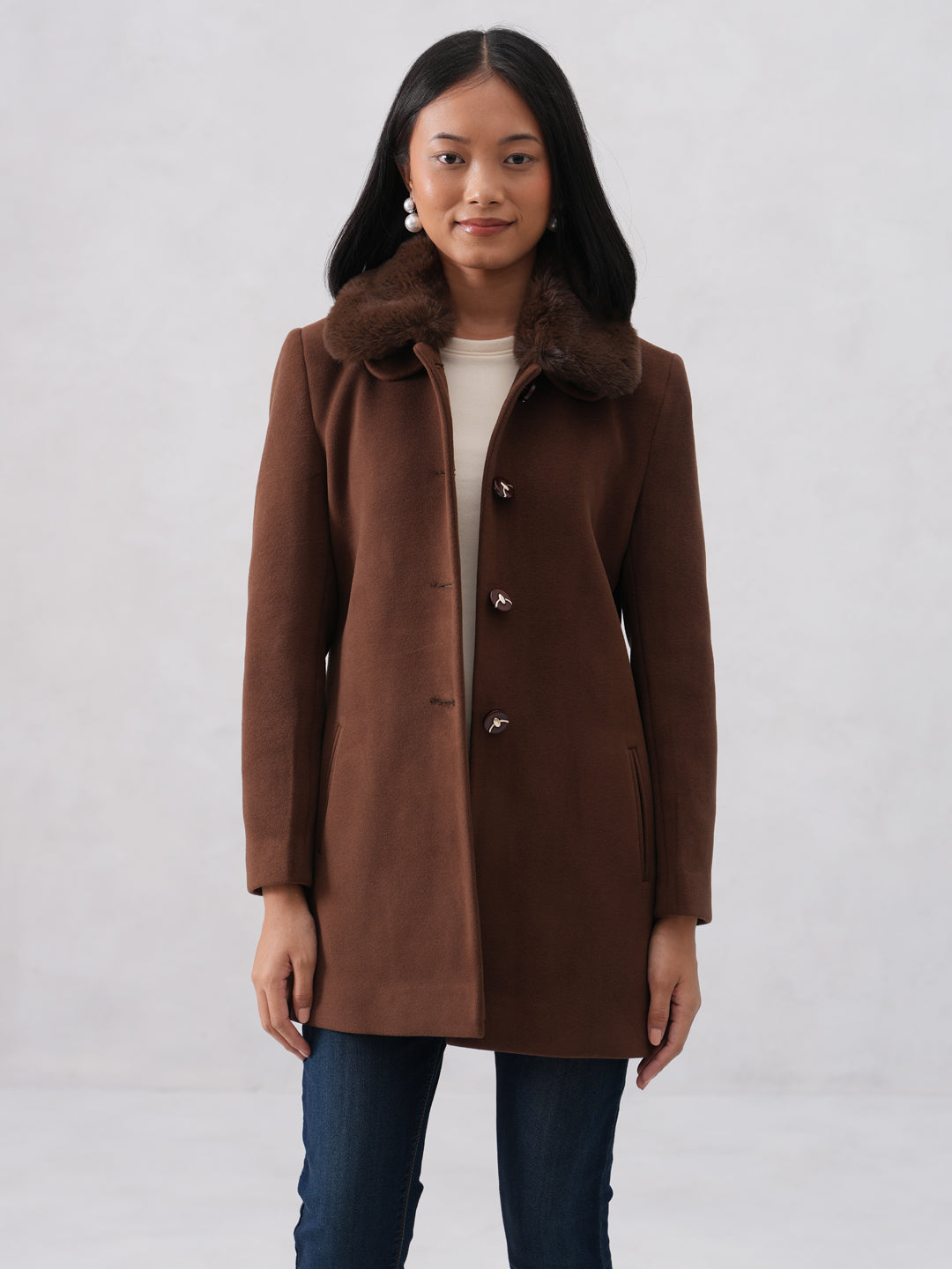 Faux Fur Collar Brown Coat