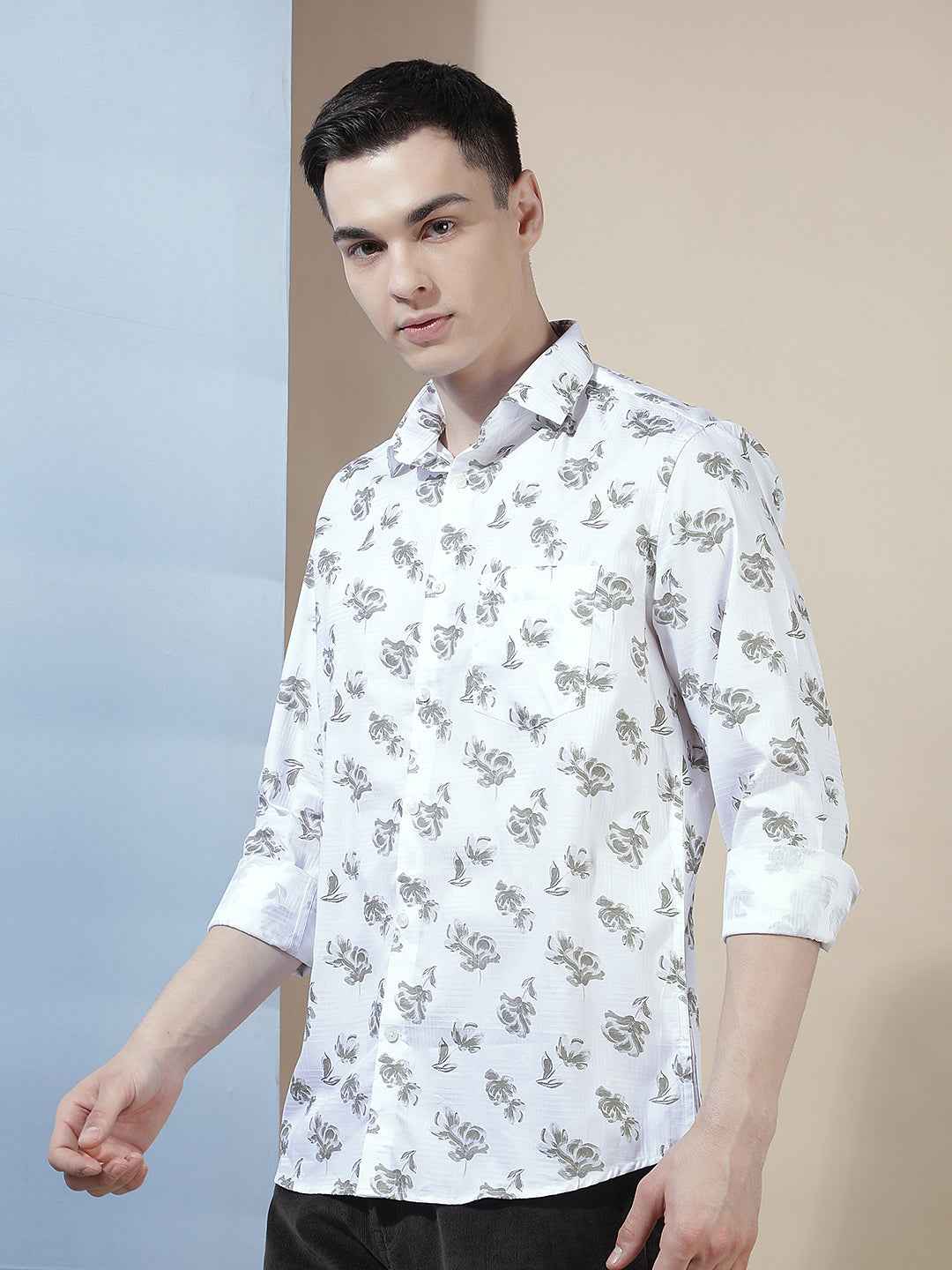 White Floral Print 100% Cotton Shirt
