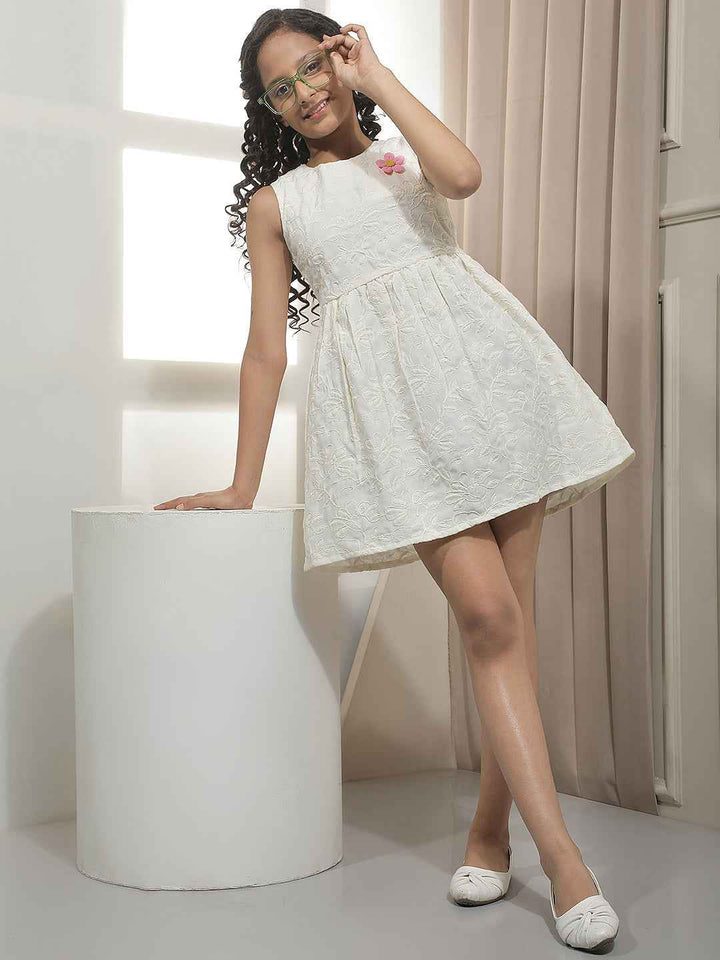 Cream Floral Above knee Length Dress with Belt