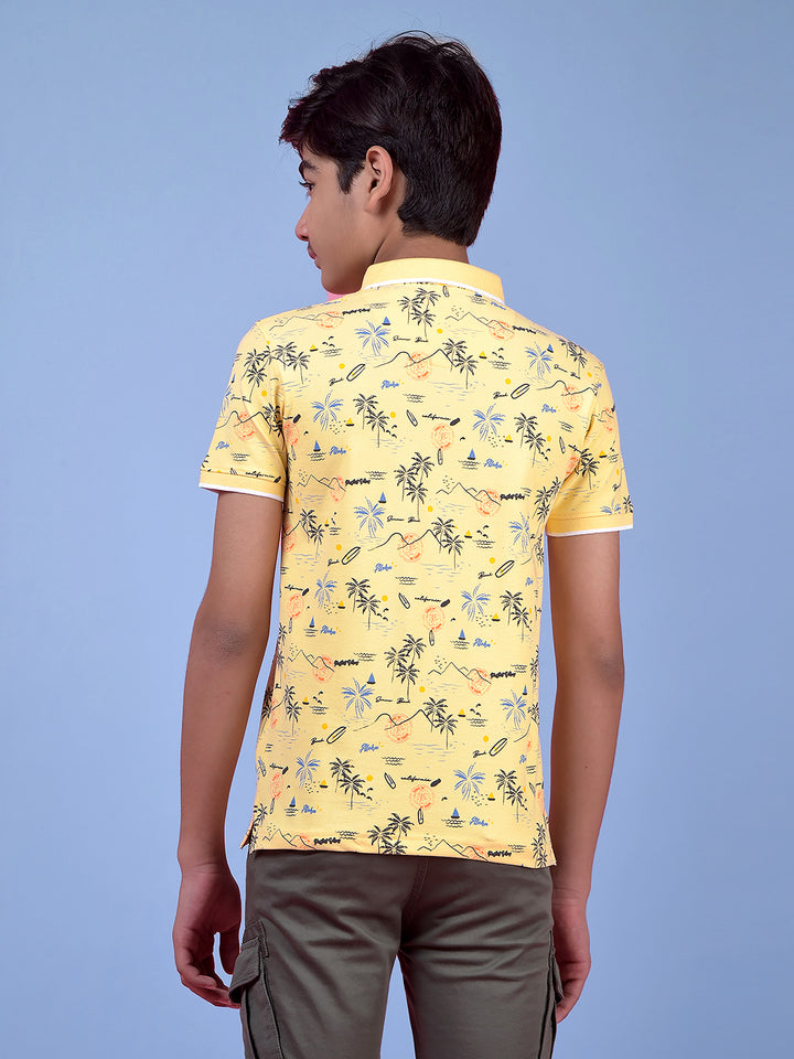 Yellow Floral Print Polo Neck T-Shirt
