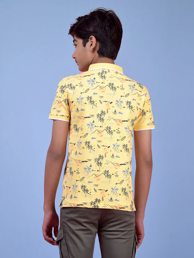 Yellow Floral Print Polo Neck T-Shirt