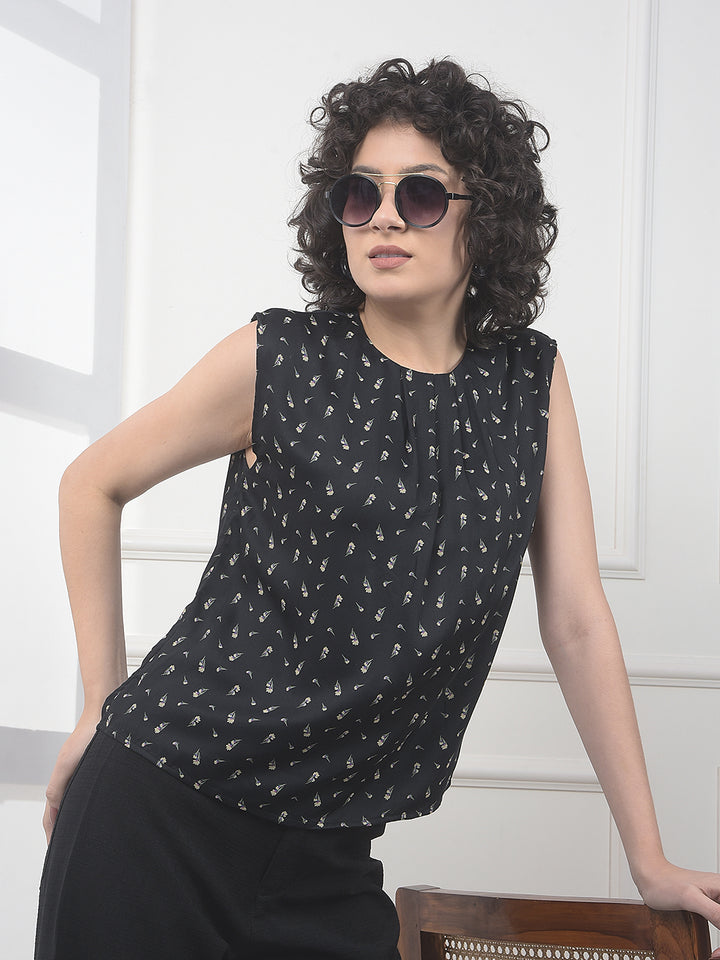 Black Floral Print Sleeveless Modal Top