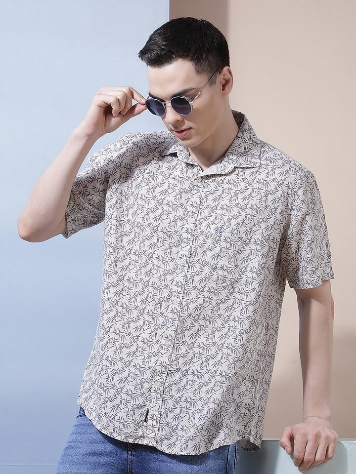 Purple Floral Print Linen Shirt