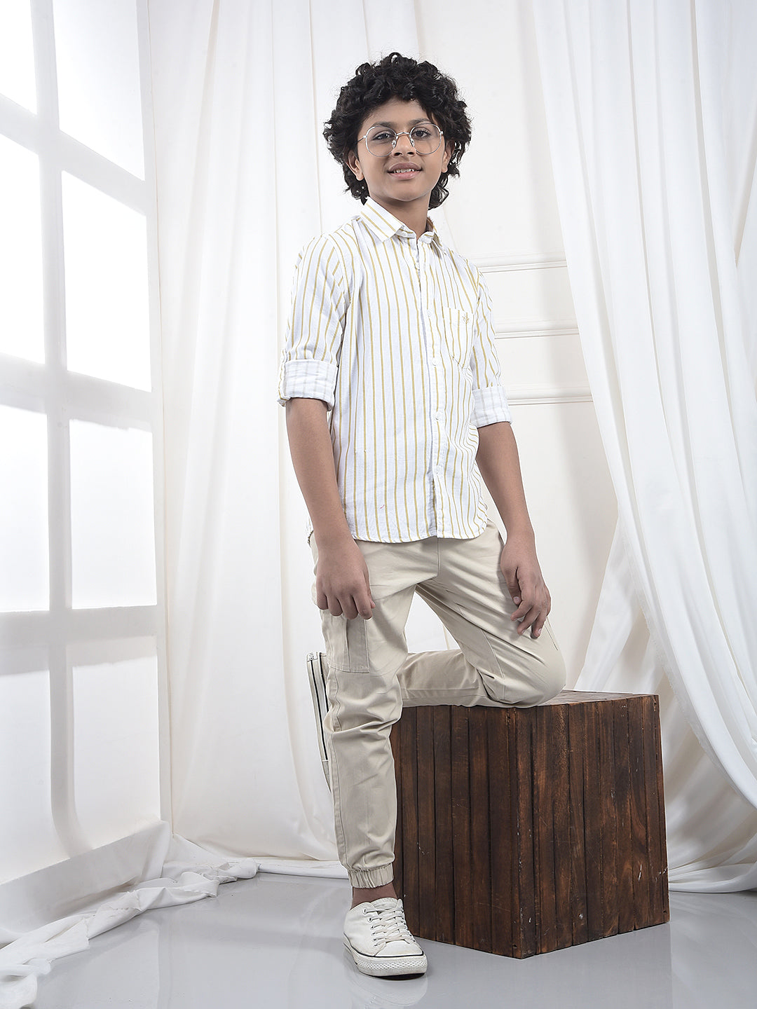 Beige Vertical Stripes 100% Cotton Corduroy Shirt