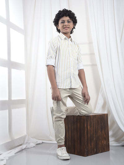 Beige Vertical Stripes 100% Cotton Corduroy Shirt