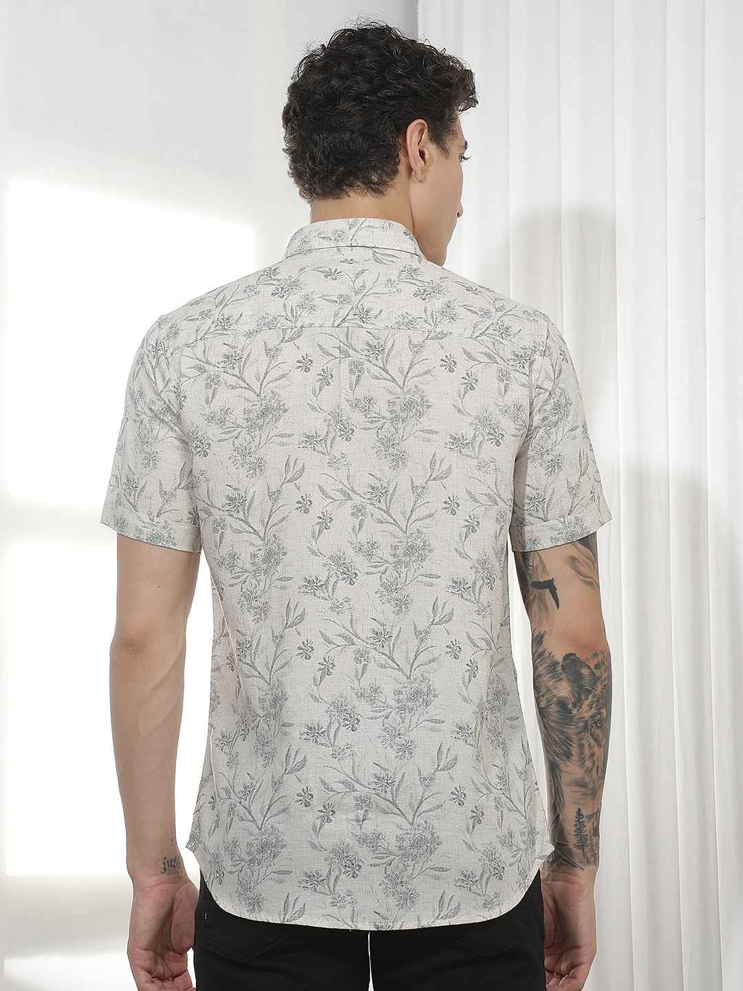 Grey Floral Print Linen Shirt