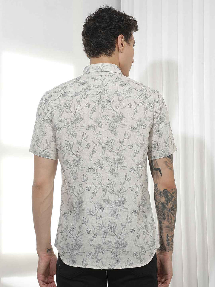 Grey Floral Print Linen Shirt