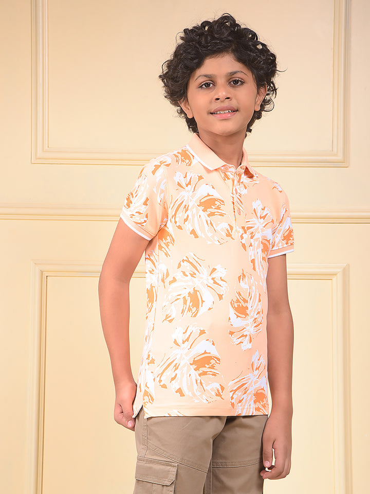 Peach Floral Print Polo Neck T-Shirt