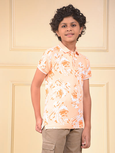 Peach Floral Print Polo Neck T-Shirt