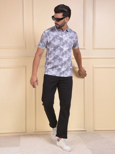 Grey Abstract Print Polo Neck T-Shirt