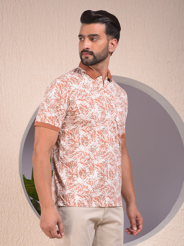 Orange Floral Print Polo Neck T-Shirt