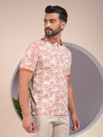 Orange Floral Print Polo Neck T-Shirt