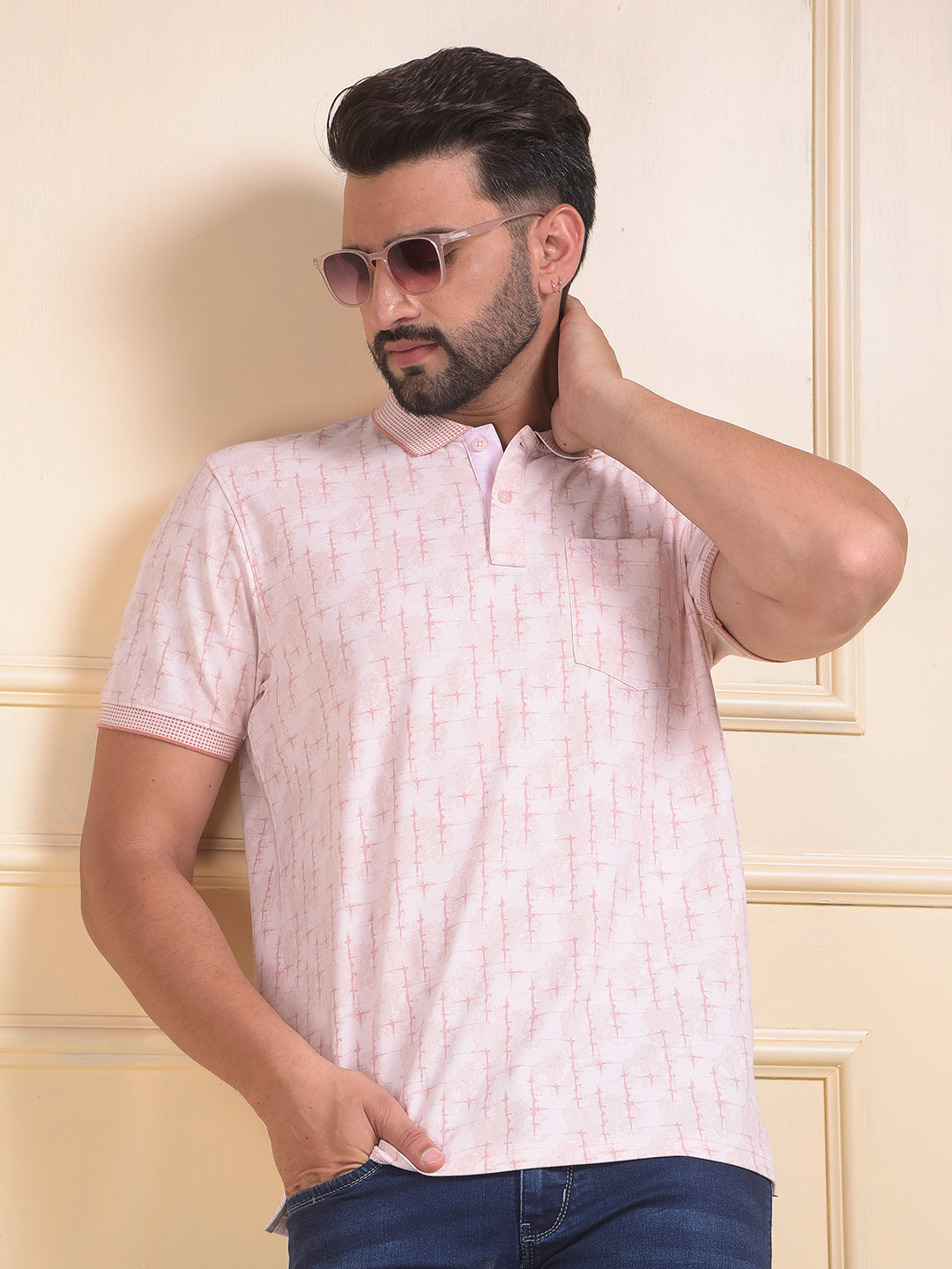 Pink Printed Polo Neck T-Shirt