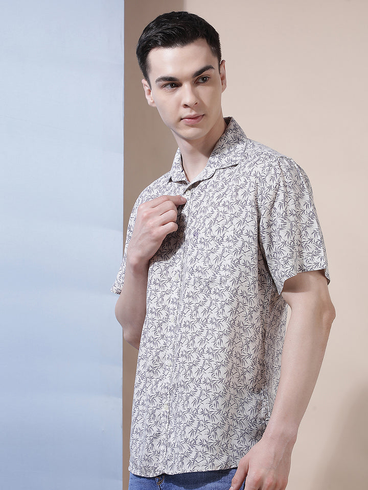 Purple Floral Print Linen Shirt