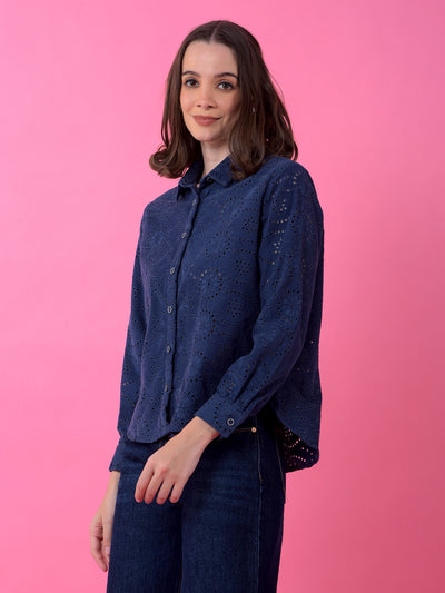 Navy Blue Embroidered 100% Cotton Semi-Sheer Shirt