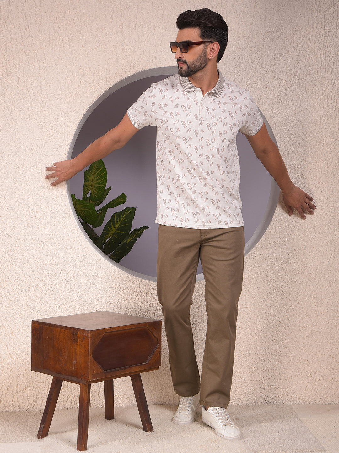 Beige Printed Polo Neck T-Shirt