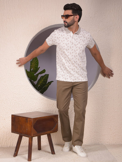 Beige Printed Polo Neck T-Shirt