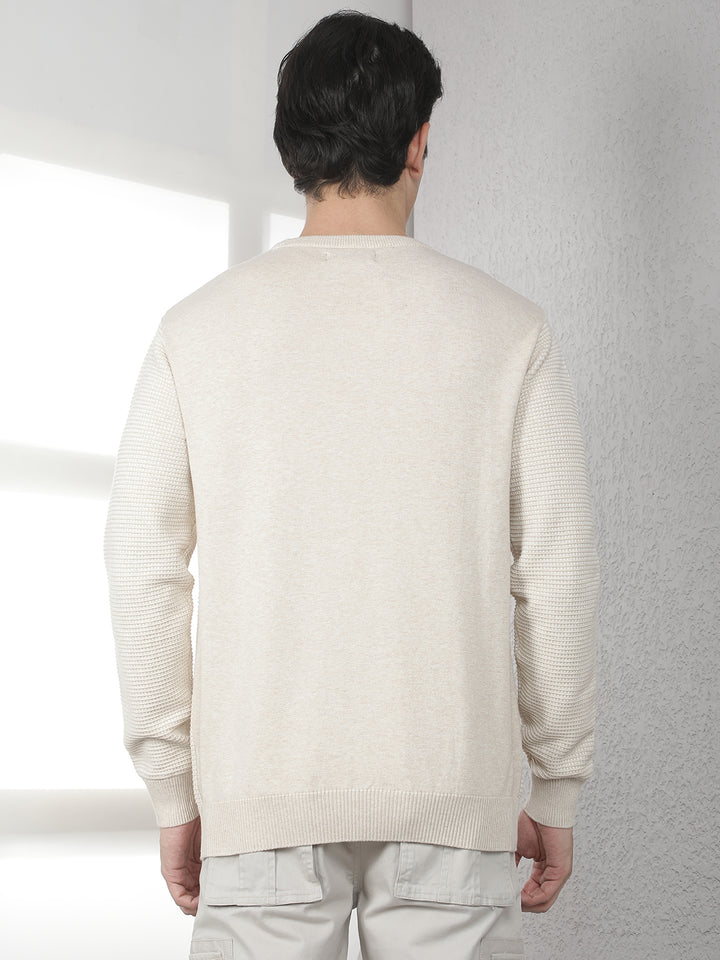 Beige 100% Cotton Textured Round Neck Sweater