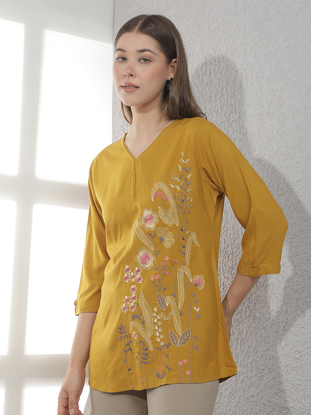 Mustard Embroidered V-Neck Top