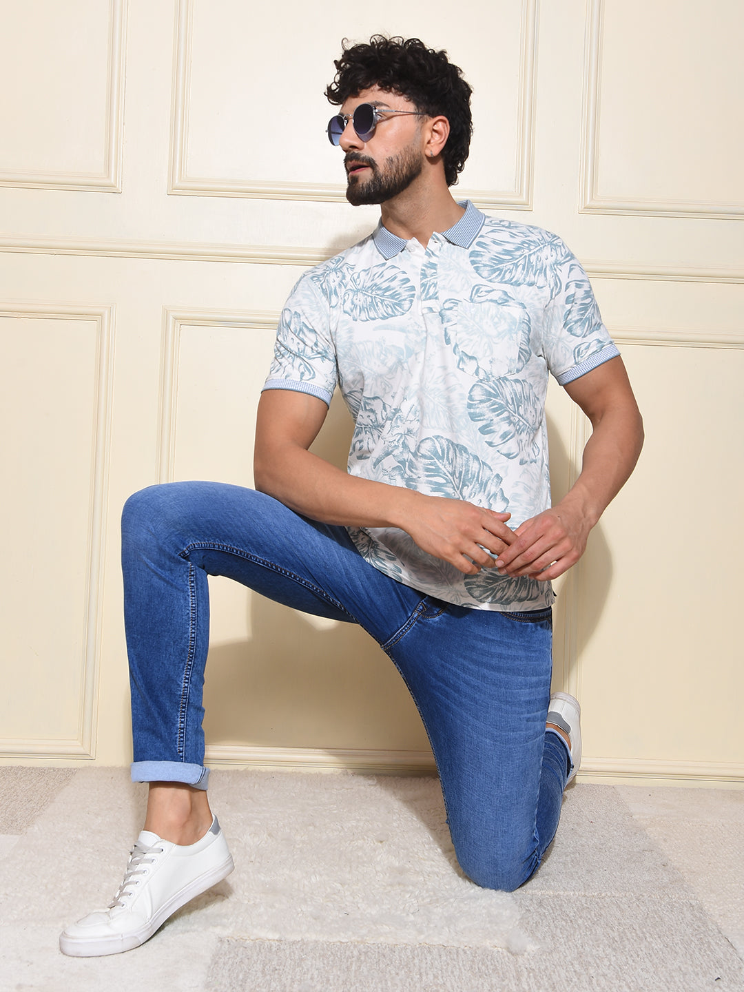 Green Floral Print Polo-Neck T-Shirt
