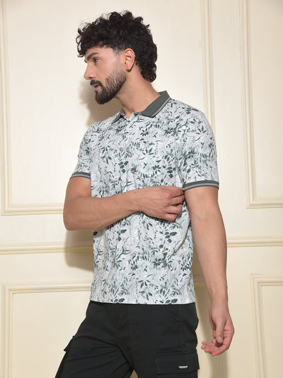 Olive Floral Print Polo-Neck T-Shirt
