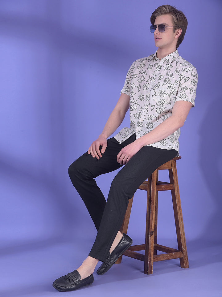 Beige Floral Print Linen Shirt