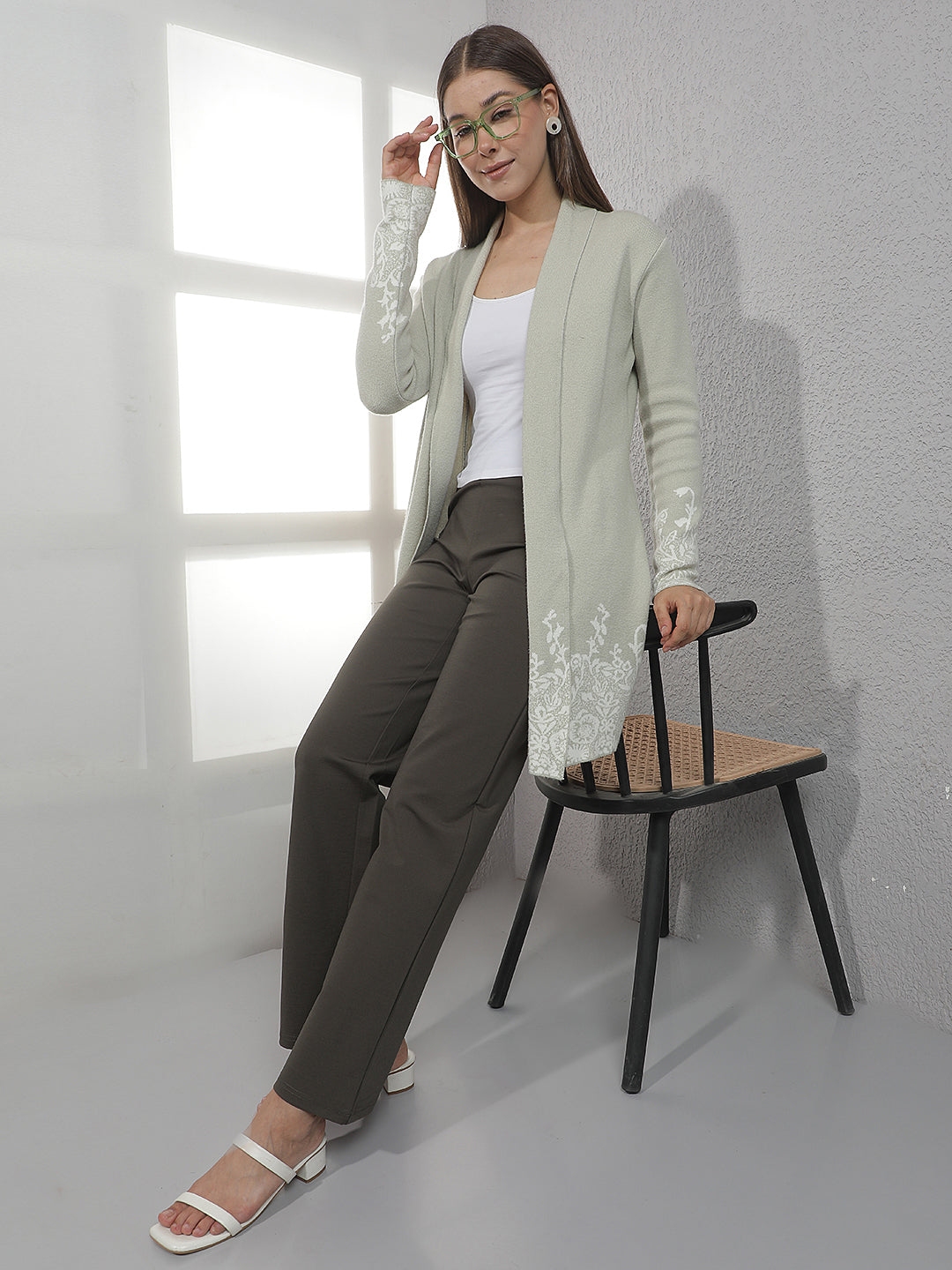 Green Floral Jacquard Open Front Longline Shrug