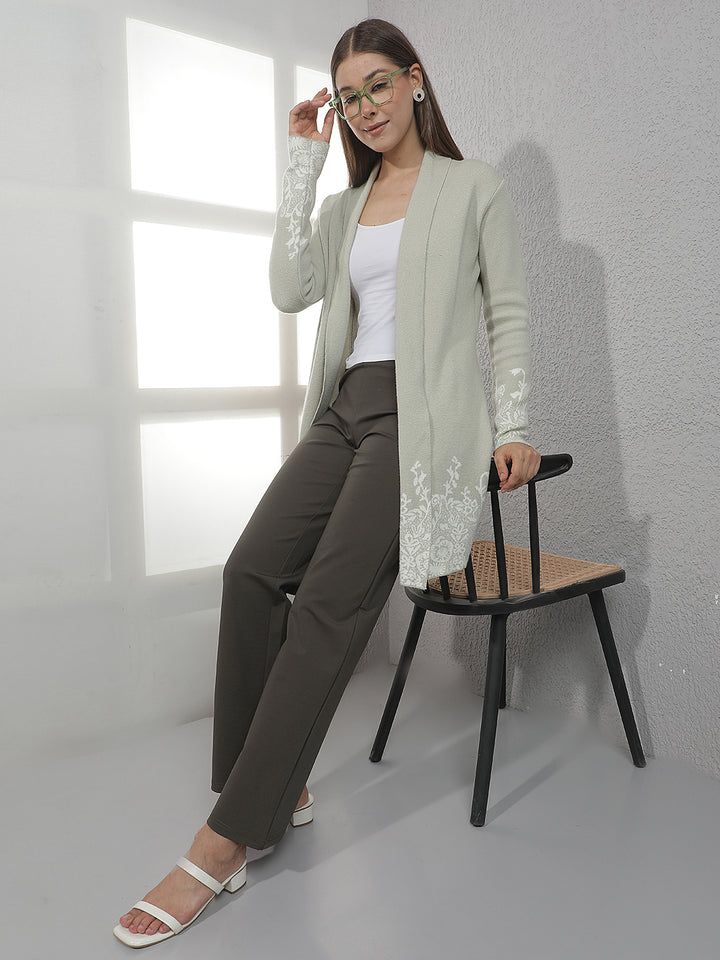 Green Floral Jacquard Open Front Longline Shrug