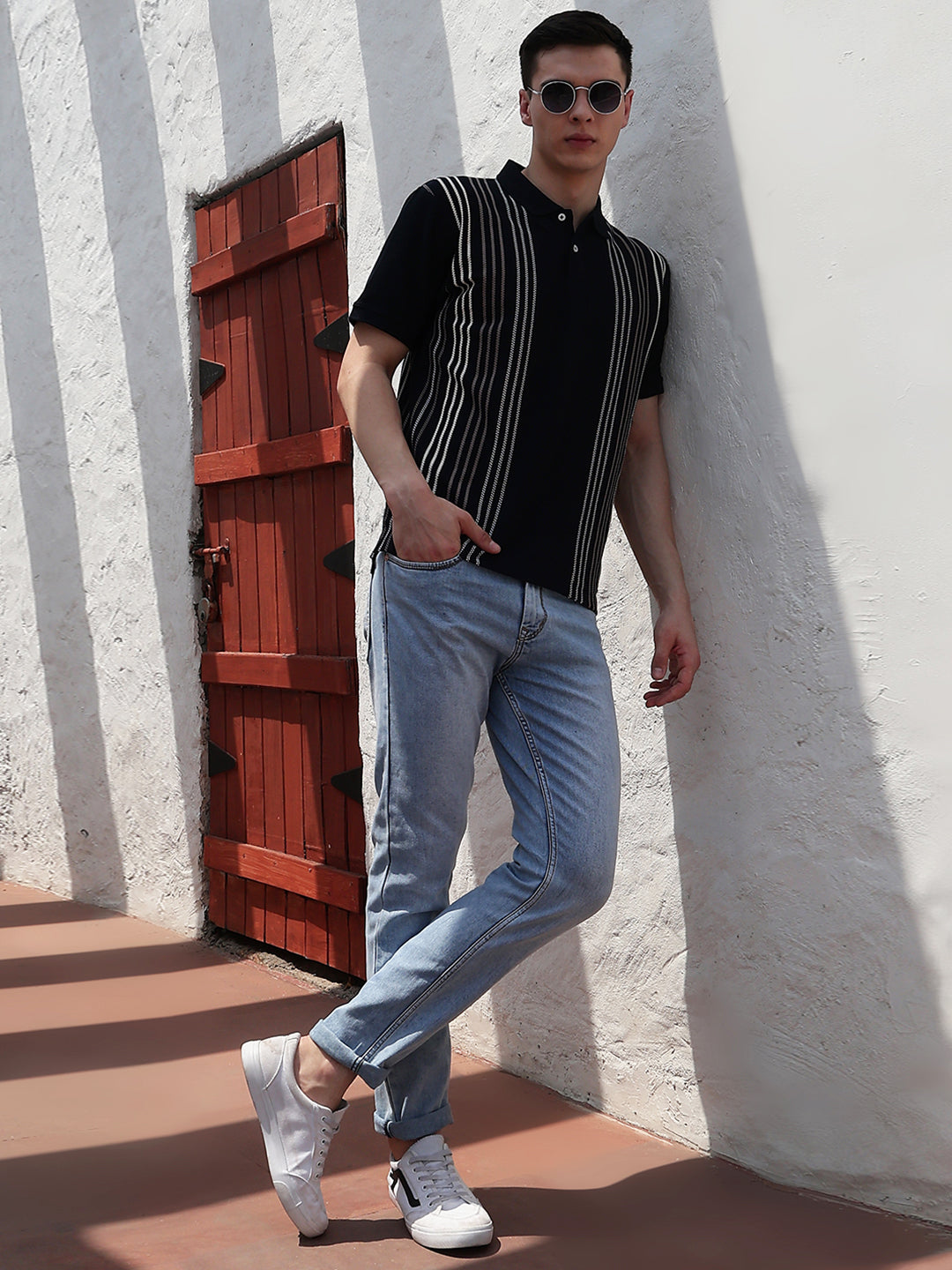 Navy Blue Vertical Striped Polo Neck T-Shirt