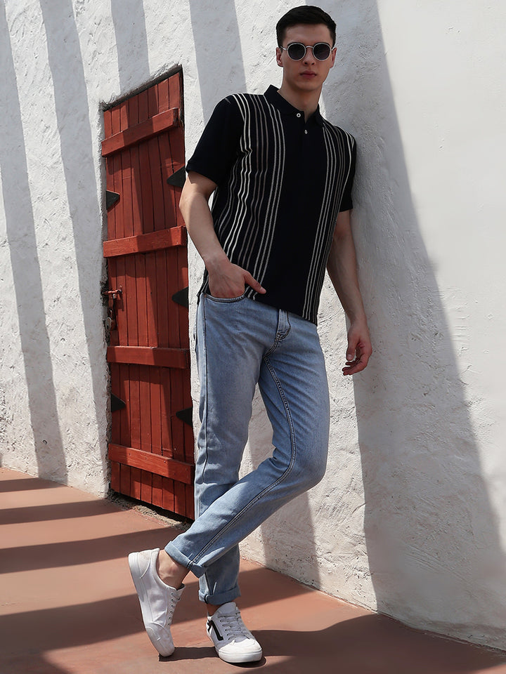 Navy Blue Vertical Striped Polo Neck T-Shirt