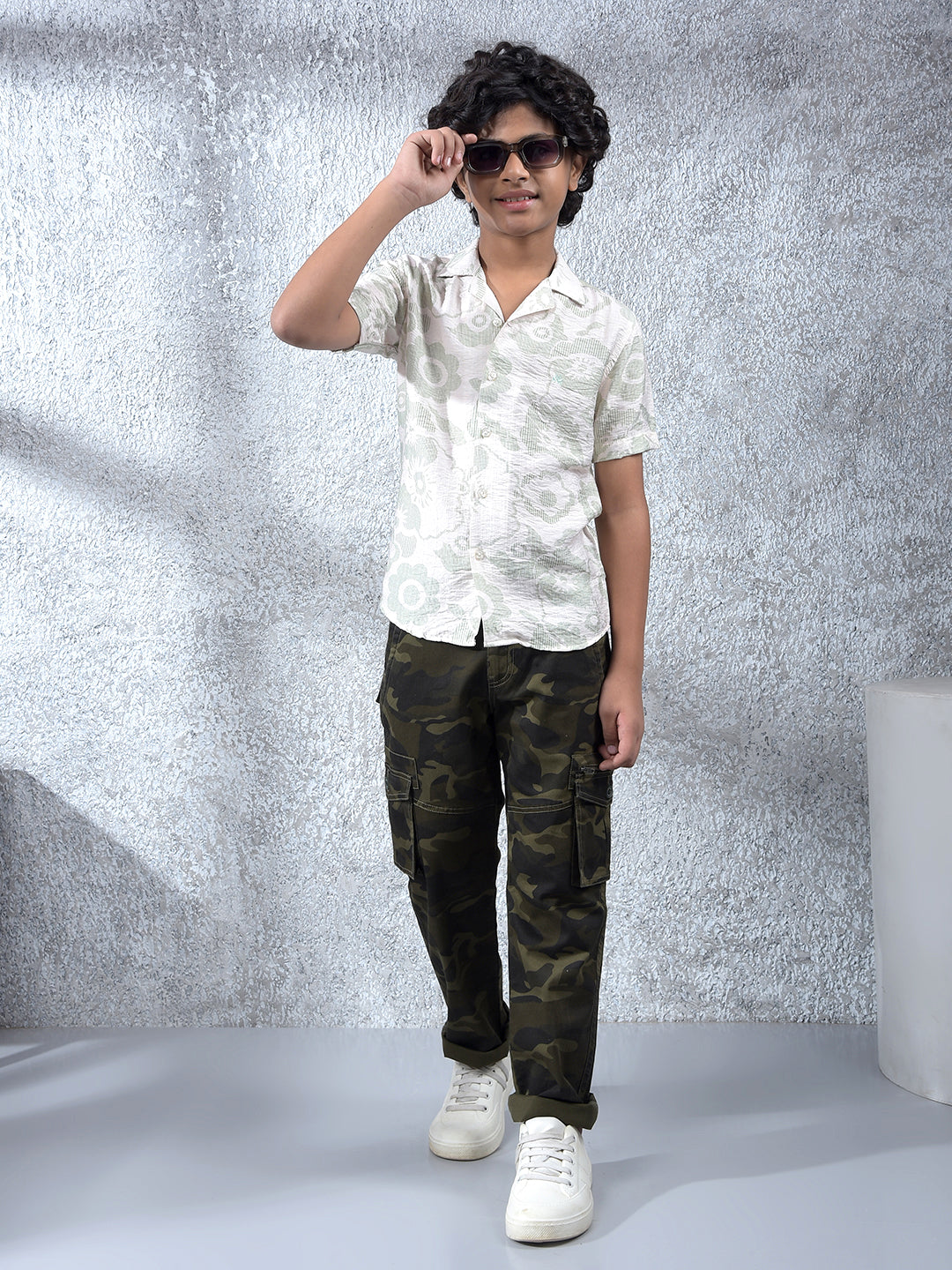 Green Floral Print Resort-Collar Shirt