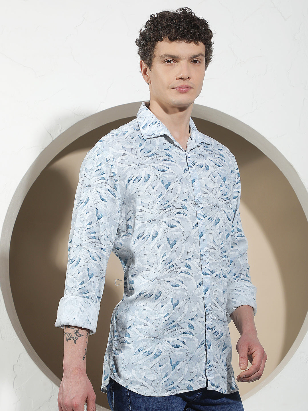 Blue Floral Print Linen Shirt