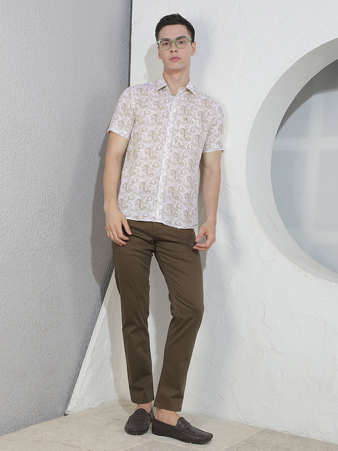 Beige Abstract Print Linen Shirt