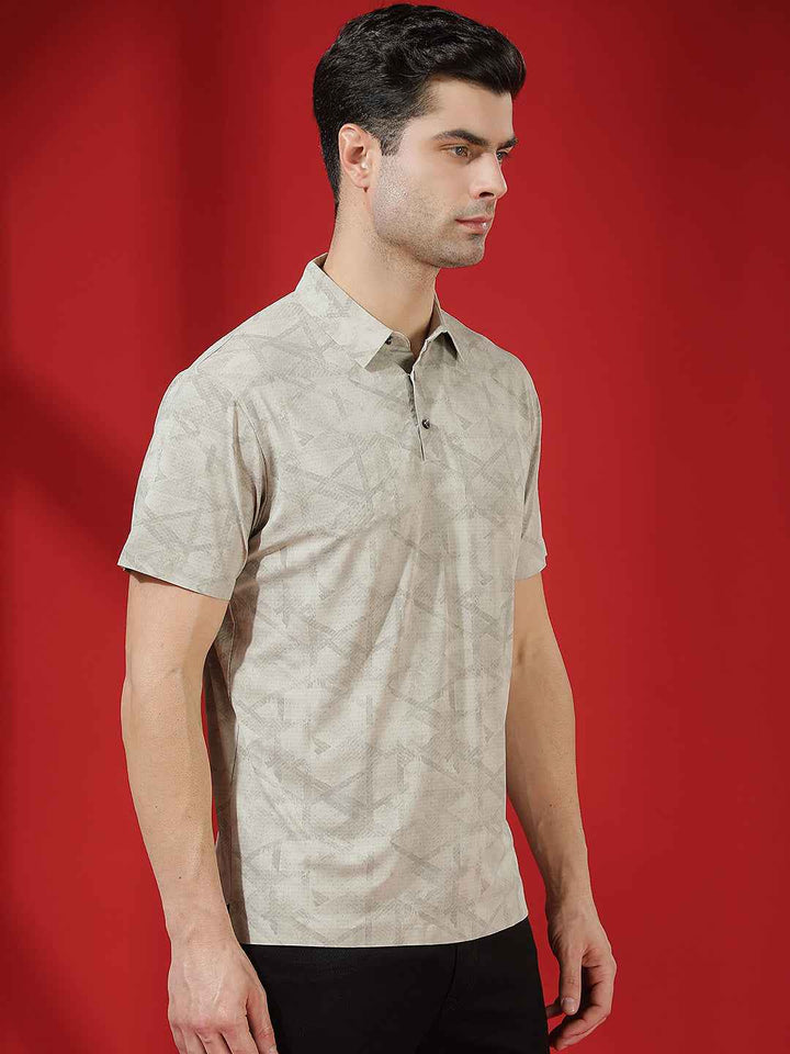 Beige Abstract Print Polo T-Shirt