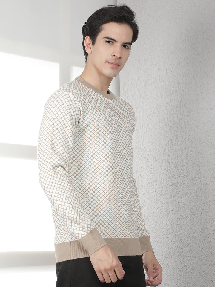 Beige Geometric Print Round Neck Sweater