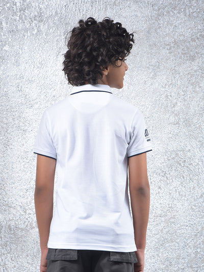 Static Grid White Polo Neck T-Shirt