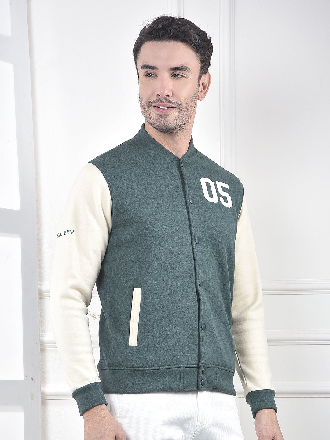 Green Color-Block Varsity Jacket