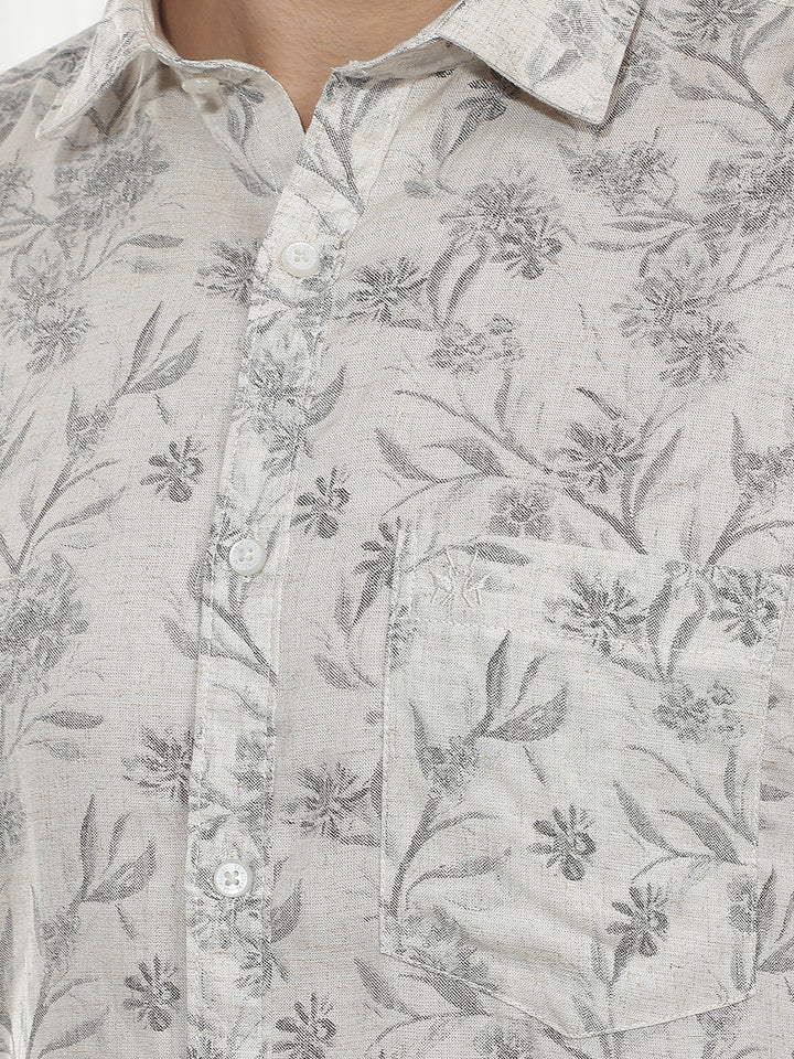 Grey Floral Print Linen Shirt