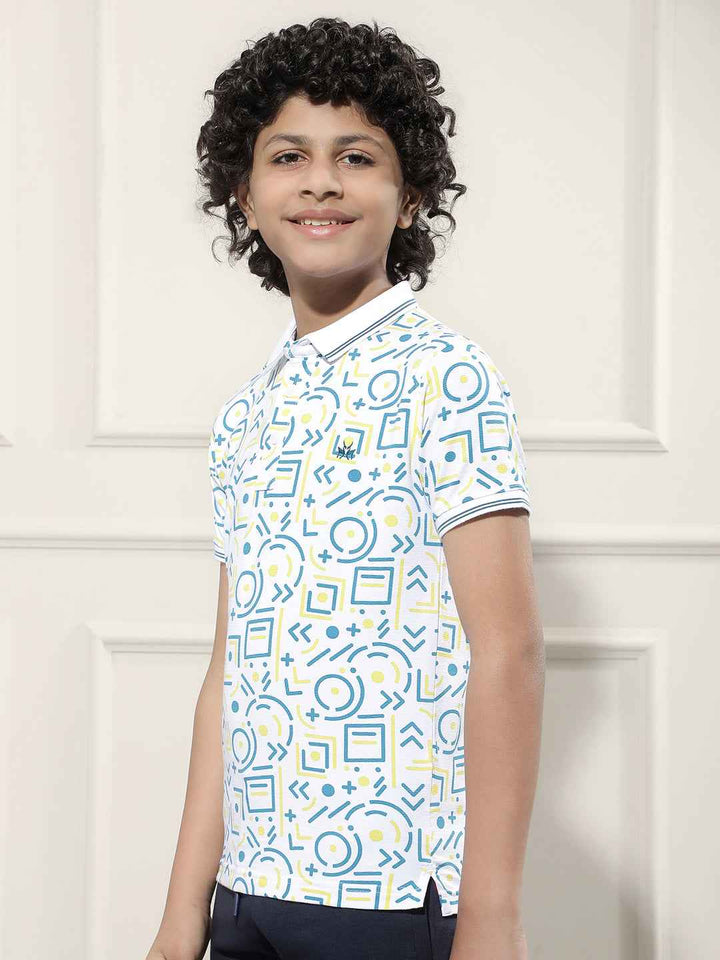 Geometric Print White Polo T-Shirt