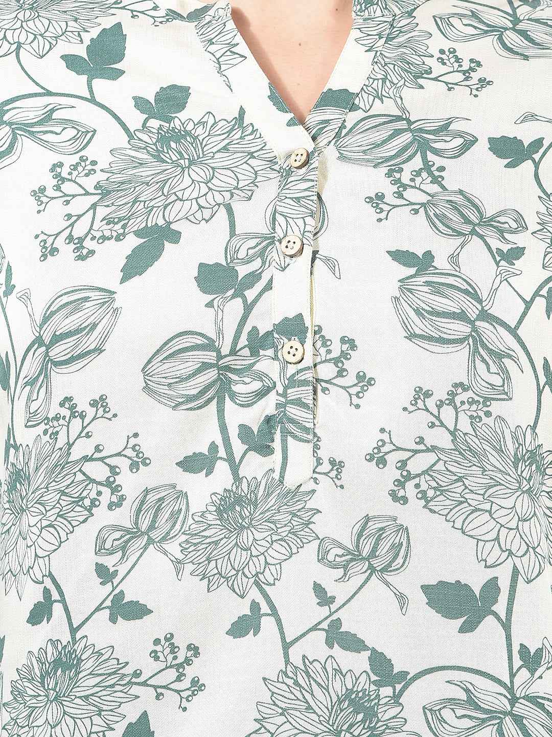 Green Floral Printed V-Neck Top