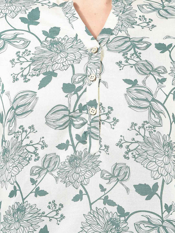 Green Floral Printed V-Neck Top