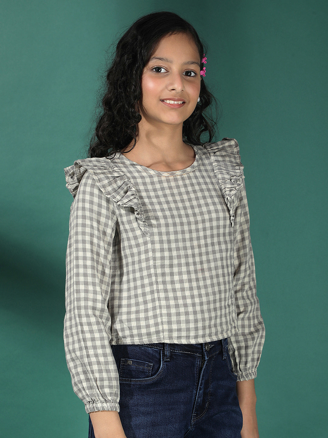  Grey Checked 100% Cotton Cropped Top