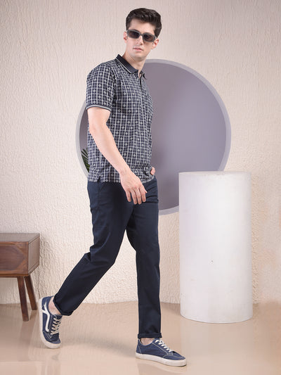 Navy Blue Printed Polo-Neck T-Shirt