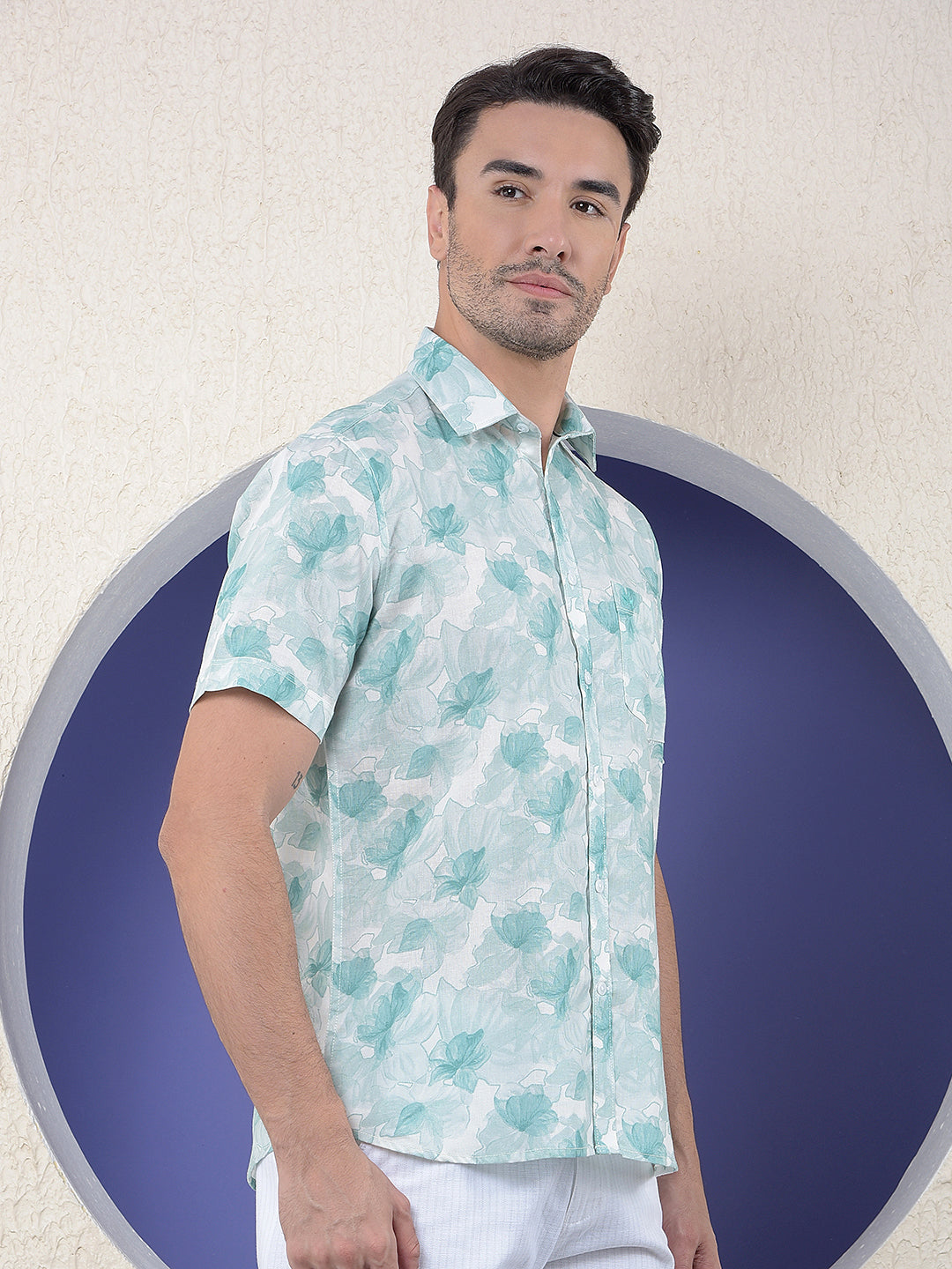 Green Floral Print Linen Shirt