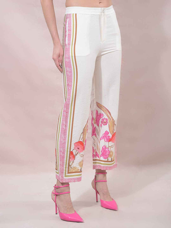 Off White Floral Print Casual Trousers