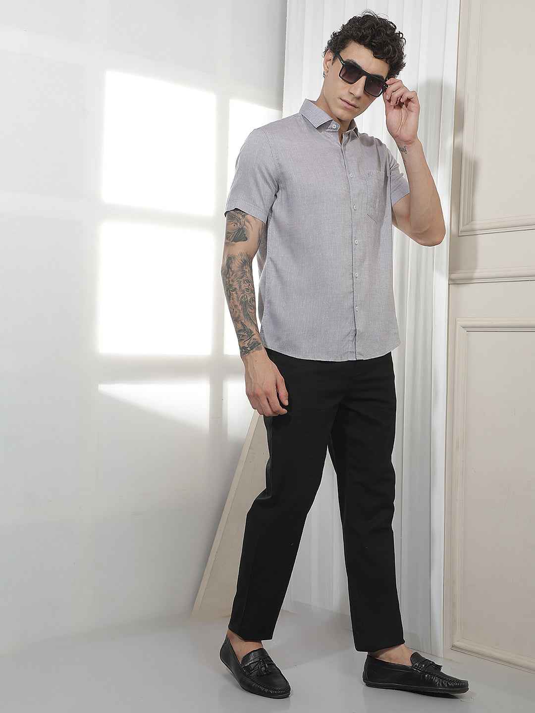 Black Textured Cotton Trousers