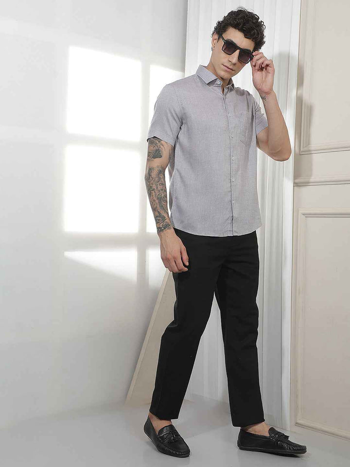 Black Textured Cotton Trousers