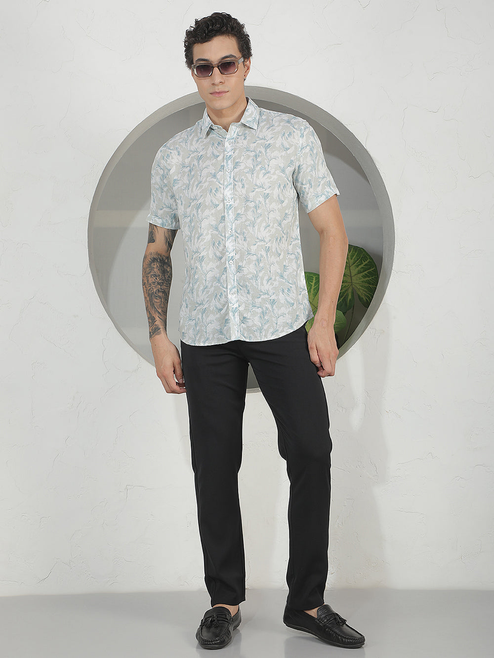 Blue Floral Print Linen Shirt