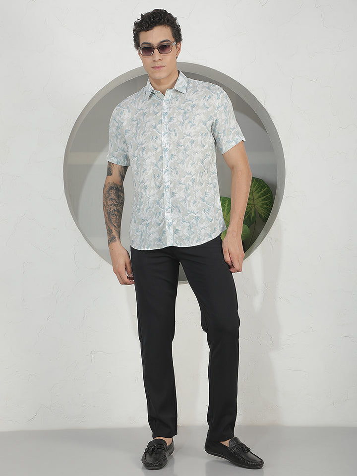 Blue Floral Print Linen Shirt