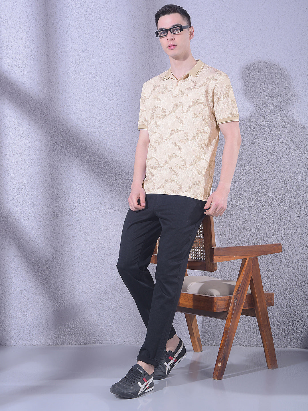 Beige Floral Print Polo Neck T-Shirt